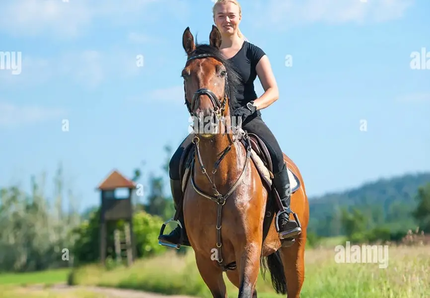 Блондинка катается на лошади