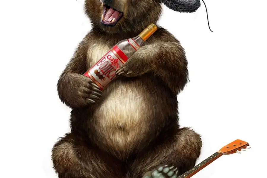 Русский медведь с балалайкой и водкой в ушанке